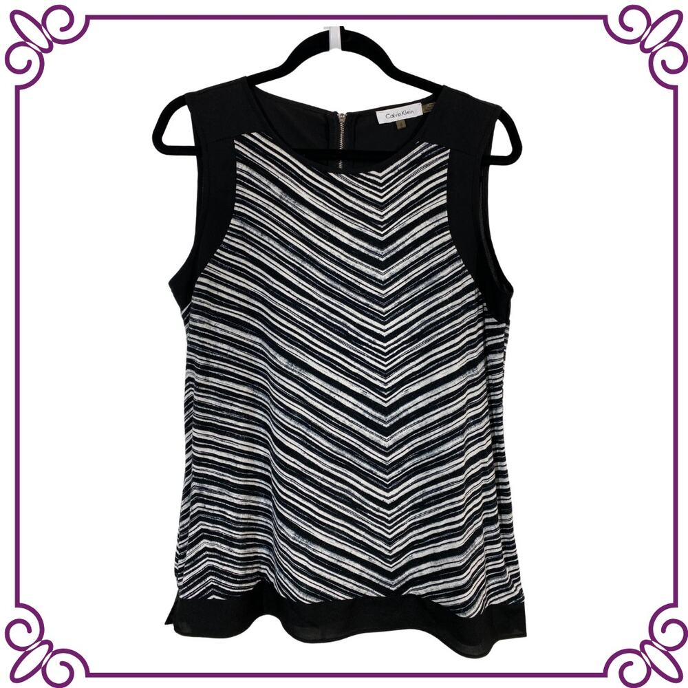 Calvin Klein Sleeveless Black & White Chevron Stretch Tank Bouse Size Medium